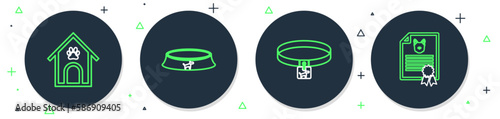 Set line Pet food bowl, Dog collar, house and paw print pet and Certificate for dog or cat icon. Vector