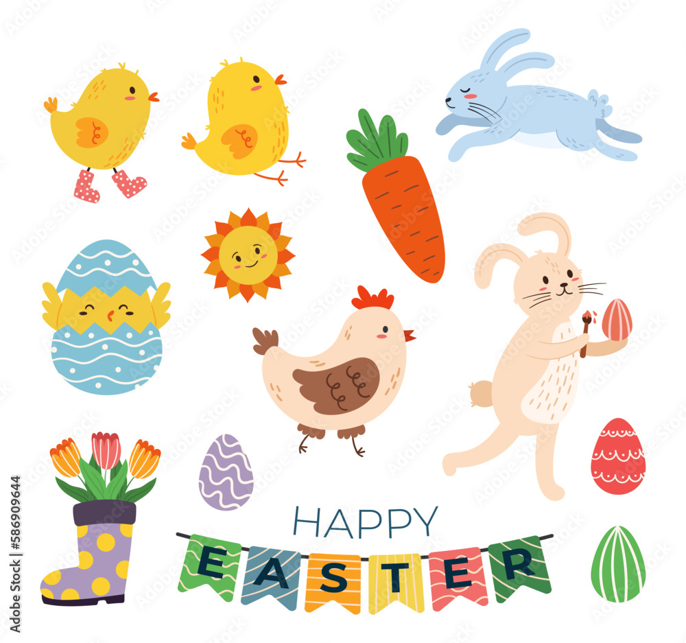 Set Of Charming Easter Icons Depicting Eggs, Bunnies, Flowers, And Chicks In Vivid Colors. For Social Media Graphics Set Of Charming Easter Icons Depicting Eggs, Bunnies, Flowers, And Chicks In Vivid Colors. For Social Media Graphics