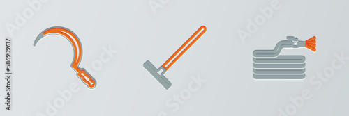 Set line Garden hose or fire hose, Bucket and rake icon. Vector