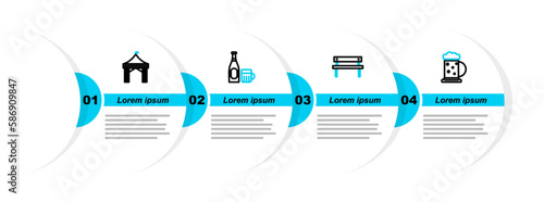 Set line Wooden beer mug, Bench, Beer bottle and glass and Camping tent icon. Vector