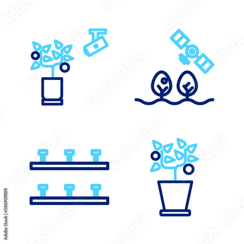 Set line Plant in pot, Automatic irrigation sprinklers, Smart farm with drone and farming technology icon. Vector