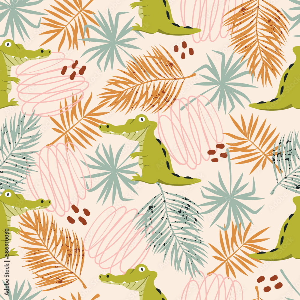 Seamless pattern with cute crocodiles and tropical leaves. Childish vector illustration