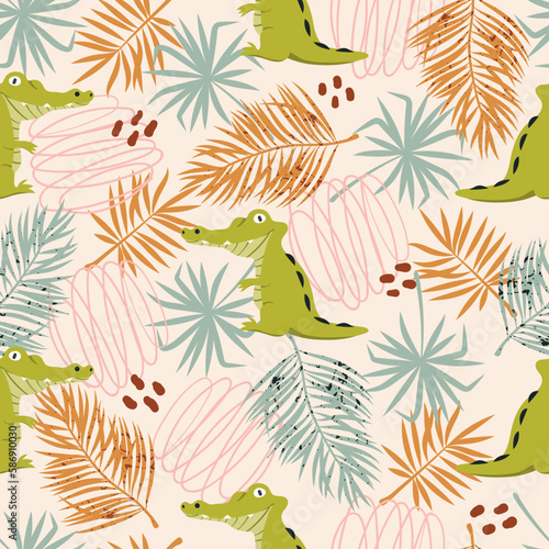 Seamless pattern with cute crocodiles and tropical leaves. Childish vector illustration