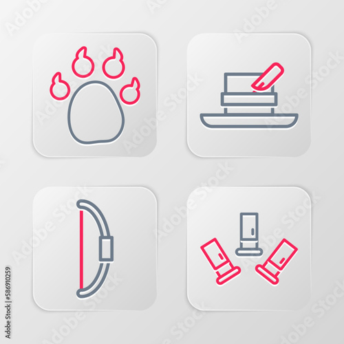 Set line Cartridges, Bow, Hunter hat with feather and Paw print icon. Vector