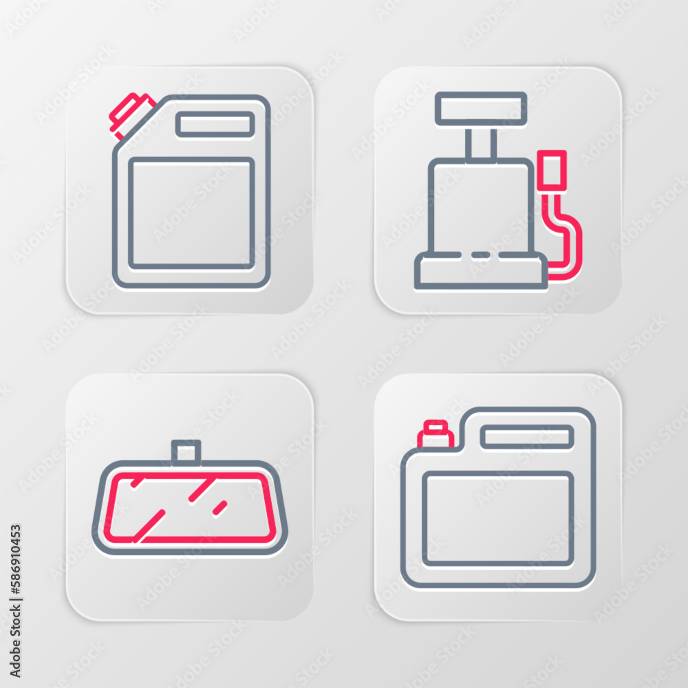 Set line Canister for motor oil, Car mirror, air pump and gasoline icon. Vector Set line Canister for motor oil, Car mirror, air pump and gasoline icon. Vector