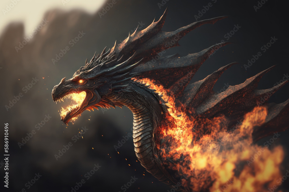 Fire dragon in the mountains. AI generative.