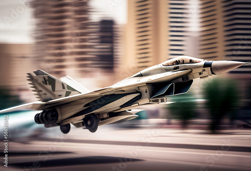 Military air craft fly over city. AI generated illustration