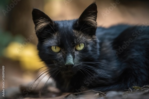 Black stray cat with emerald eyes that is alone. Generative AI