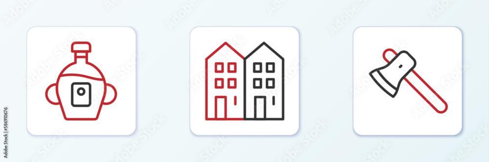 Set line Wooden axe, Maple syrup and House icon. Vector Set line Wooden axe, Maple syrup and House icon. Vector