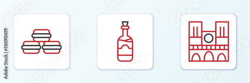 Set line Notre Dame, Macaron cookie and Bottles of wine icon. Vector
