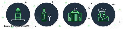 Set line Wine bottle with glass, Prado museum, Agbar tower and Bullfight, matador icon. Vector