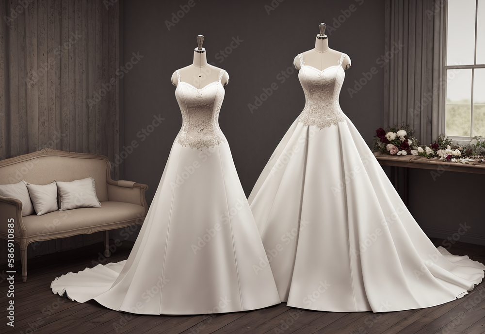Wedding sparkly dress with a train and a full skirt on a sewing mannequin in the sewing studio. Generative AI Wedding sparkly dress with a train and a full skirt on a sewing mannequin in the sewing studio. Generative AI