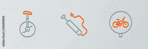 Set line Bicycle, Unicycle or one wheel bicycle and air pump icon. Vector