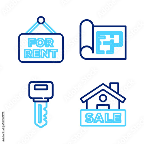 Set line Hanging sign with Sale, House key, plan and For Rent icon. Vector © vector_v
