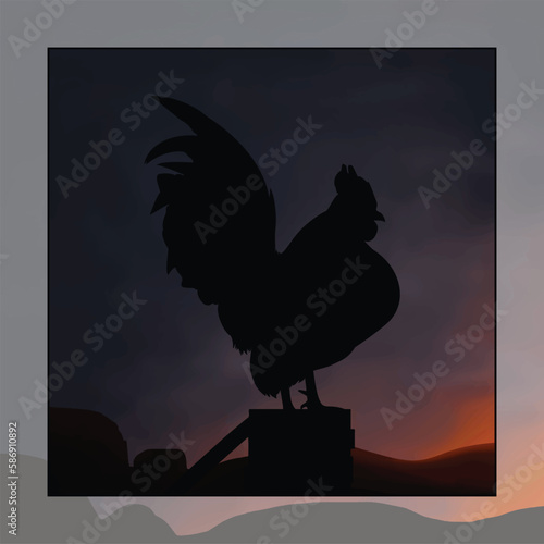 Illustration of a rooster with the sun rising behind him.vector illustration of a rooster