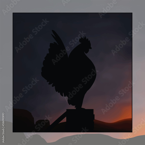 Illustration of a rooster with the sun rising behind him.vector illustration of a rooster