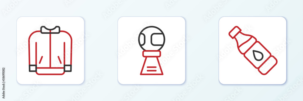 Set line Bottle of water, Baseball t-shirt and Award cup with baseball icon. Vector