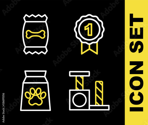 Set line Dog award symbol, Cat scratching post, Bag of food for pet and icon. Vector