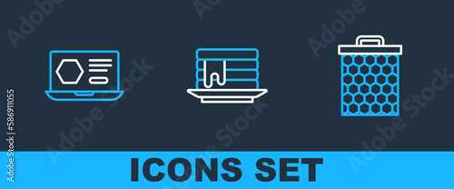 Set line Honeycomb, online service and Stack of pancakes icon. Vector