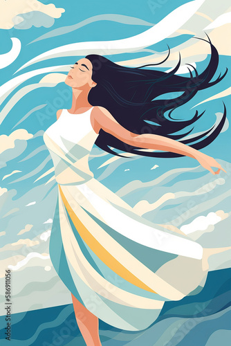 girl woman  flowing hair   dance in wind  sea sky background  summer breeze ocean wave dress  flat cartoon character . Generative AI