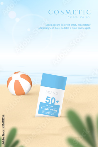 Sunscreen product ads template on beach background with leaves.