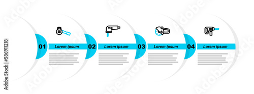 Set line Electric drill machine, Angle grinder, jigsaw and Leaf garden blower icon. Vector