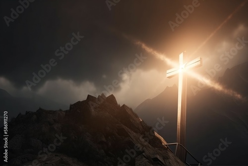 Mountain cross in sunlight reflection. Holy sky. Generate Ai