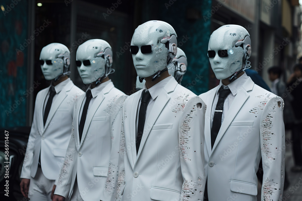 cybernetic robot are walking through the street. Droid spending time with the man in suit. Helper android concept. Generative AI cybernetic robot are walking through the street. Droid spending time with the man in suit. Helper android concept. Generative AI