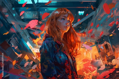 Non-Existent Person Fictional Girl With Orange Hair in a Futuristic City Generative AI