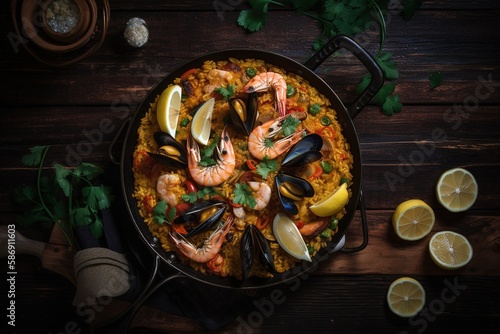 Traditional Spanish paella with seafood with lemons in black wook. Top view. Generated ai.