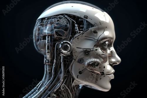 Detailed cyborg head. Future automation. Generate Ai