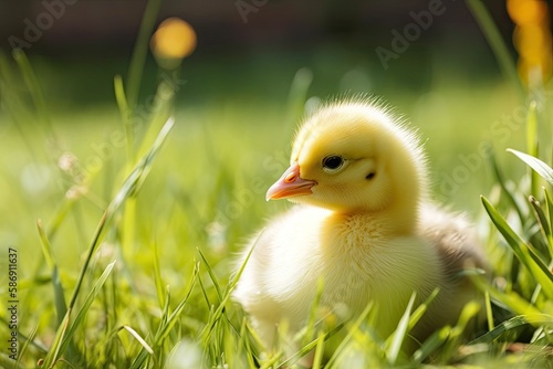 Side view of a chick on a background of green grass on a warm summer day. Generative AI