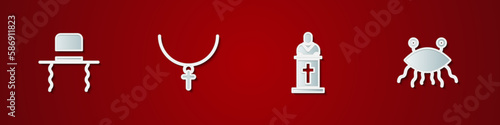 Set Orthodox jewish hat with sidelocks, Christian cross on chain, Church pastor preaching and Pastafarianism icon. Vector