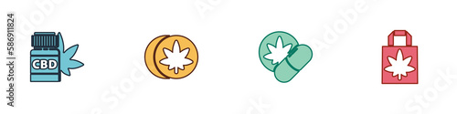 Set Medical bottle with marijuana, Herbal ecstasy tablets, and Shopping paper bag of icon. Vector