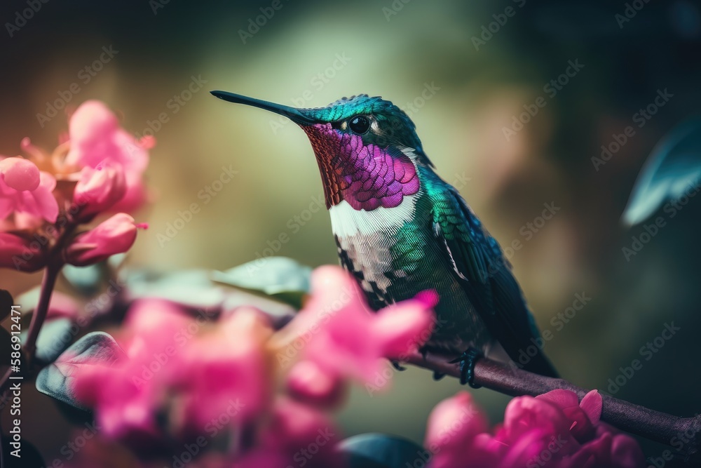 Naklejka premium Gorgeous, colorful hummingbird with a bouquet of pink flowers. Generative AI