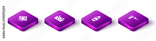 Set Isometric Aqualung, Photo camera for diver, and Fishing harpoon icon. Vector