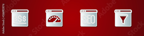 Set Online shopping on screen, Digital speed meter, SEO optimization and Browser window icon. Vector