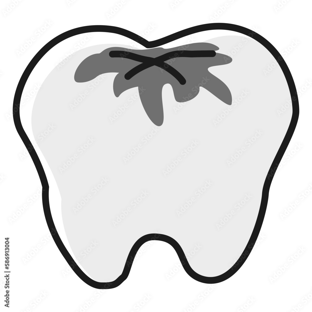 虫歯ができた黄色い歯のイラスト(白黒) 虫歯ができた黄色い歯のイラスト(白黒)