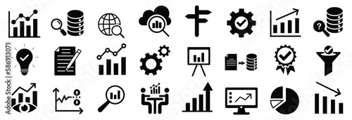 Statistics icon. Statistics icon silhouette style, Containing data, web statistics, survey, prediction, presentation, idea, cloud analysis and pie chart icons. Vector illustration.