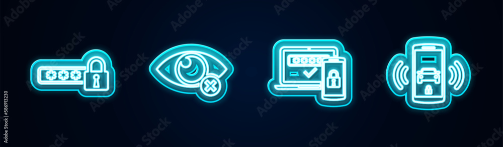 Set line Password protection, Invisible hide, Two steps authentication and Smart car alarm system. Glowing neon icon. Vector Set line Password protection, Invisible hide, Two steps authentication and Smart car alarm system. Glowing neon icon. Vector