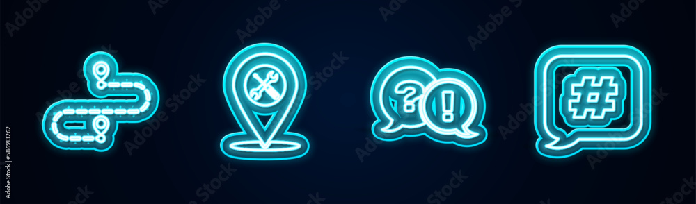 Obraz premium Set line Route location, Location service, Question and Exclamation and Hashtag speech bubble. Glowing neon icon. Vector