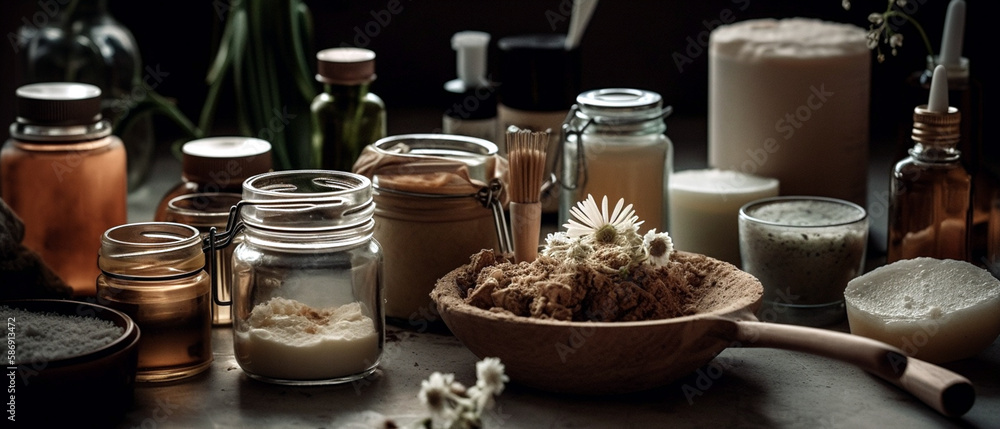 A rustic arrangement of homemade natural beauty products featuring sustainable, organic ingredients and earthy tones, Created with generative Ai Technology.