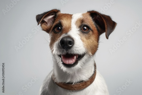 Jack Russell Terrier with a smile on a white backdrop. Generative AI