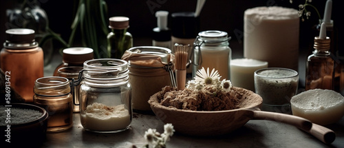 A rustic arrangement of homemade natural beauty products featuring sustainable  organic ingredients and earthy tones  Created with generative Ai Technology.