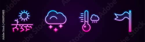 Set line Drought, Cloud with snow, Meteorology thermometer and windsock wind vane. Glowing neon icon. Vector