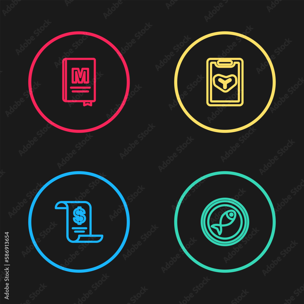 Set line Paper or financial check, Served fish on plate, Restaurant cafe menu and icon. Vector Set line Paper or financial check, Served fish on plate, Restaurant cafe menu and icon. Vector