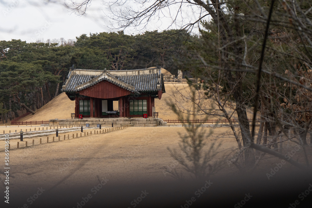 Seolleung and jeongneung royal tombs from the Joseon dynasty during winter morning at Gangnam , Seoul South Korea : 4 February 2023 Seolleung and jeongneung royal tombs from the Joseon dynasty during winter morning at Gangnam , Seoul South Korea : 4 February 2023