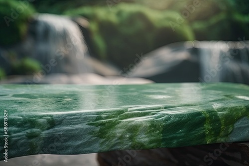 serene green table with a stunning waterfall in the background. Generative AI