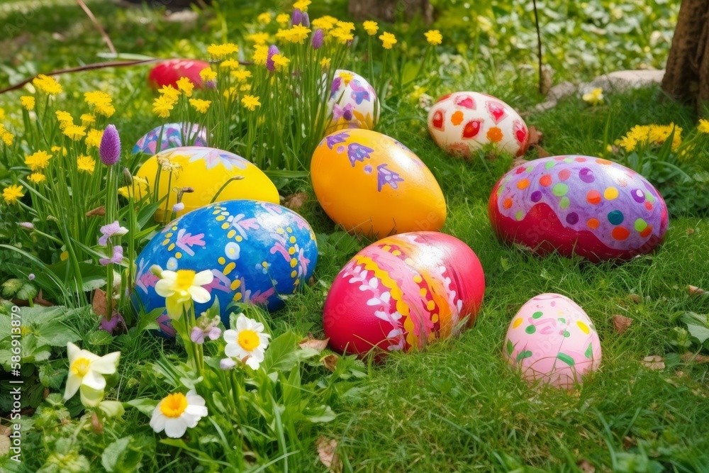 Easter eggs in forest. Nature holiday decoration. Generate Ai Easter eggs in forest. Nature holiday decoration. Generate Ai