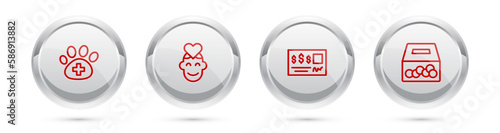 Set line Veterinary clinic, Volunteer, Bank check and Donation and charity. Silver circle button. Vector